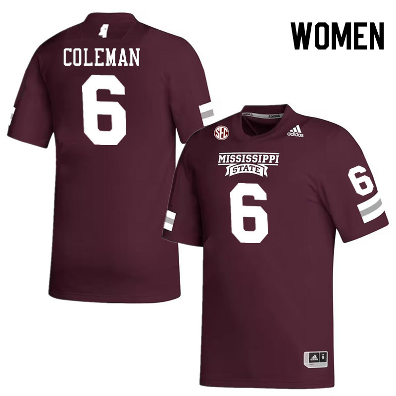 Women #6 Kevin Coleman Mississippi State Bulldogs College Football Jerseys Stitched-Maroon